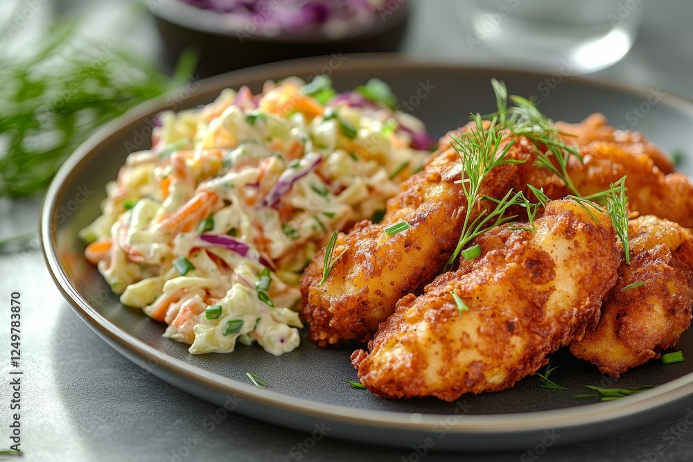 Fototapeta premium Crispy fish tenders, coleslaw, lunch