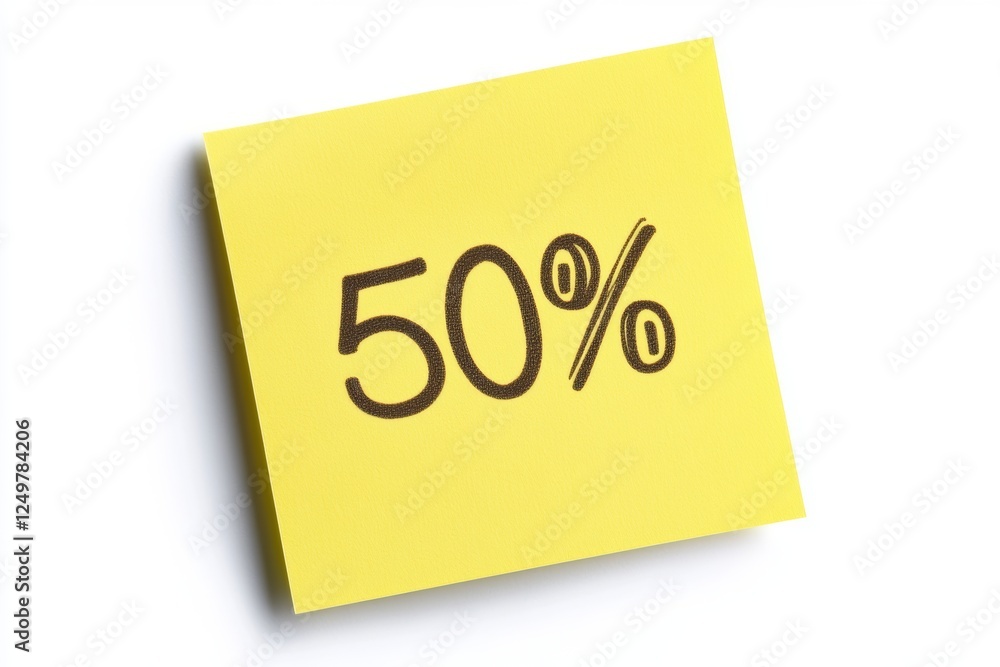 Bright yellow sticky note displaying a large 50 percent symbol for promotional or organizational purposes in an office setting