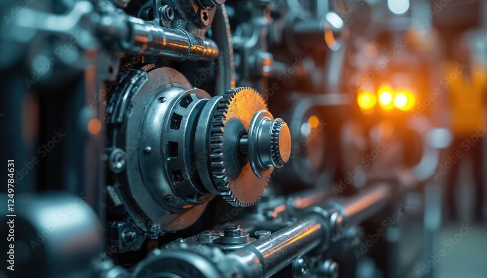 Fototapeta premium Closeup view of complex automotive machine parts. Gears, engine components interact. Advanced tech, design visible. Industrial machinery in factory. Modern engineering innovation clear. Detailed