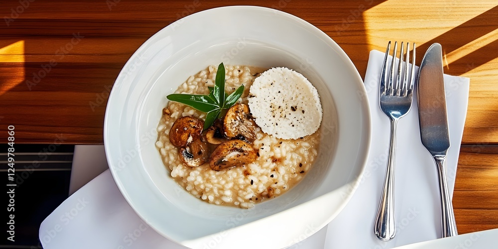 Creamy Mushroom Risotto: A delectable plate of creamy mushroom risotto, garnished with sauteed mushrooms, a dollop of fresh cheese, and a sprig of rosemary, sits on a wooden table. Creamy Mushroom Risotto: A delectable plate of creamy mushroom risotto, garnished with sauteed mushrooms, a dollop of fresh cheese, and a sprig of rosemary, sits on a wooden table.
