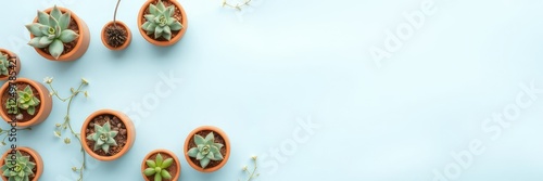 Pastel blue border flat lay with small terracotta pots and succulents, pastel blue border, flat lay decoration