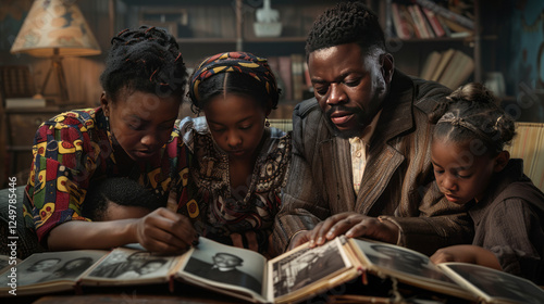 Family Legacy: An African American family, parents and two daughters, deeply engrossed in looking through an old photo album, sharing stories and memories of their ancestors.