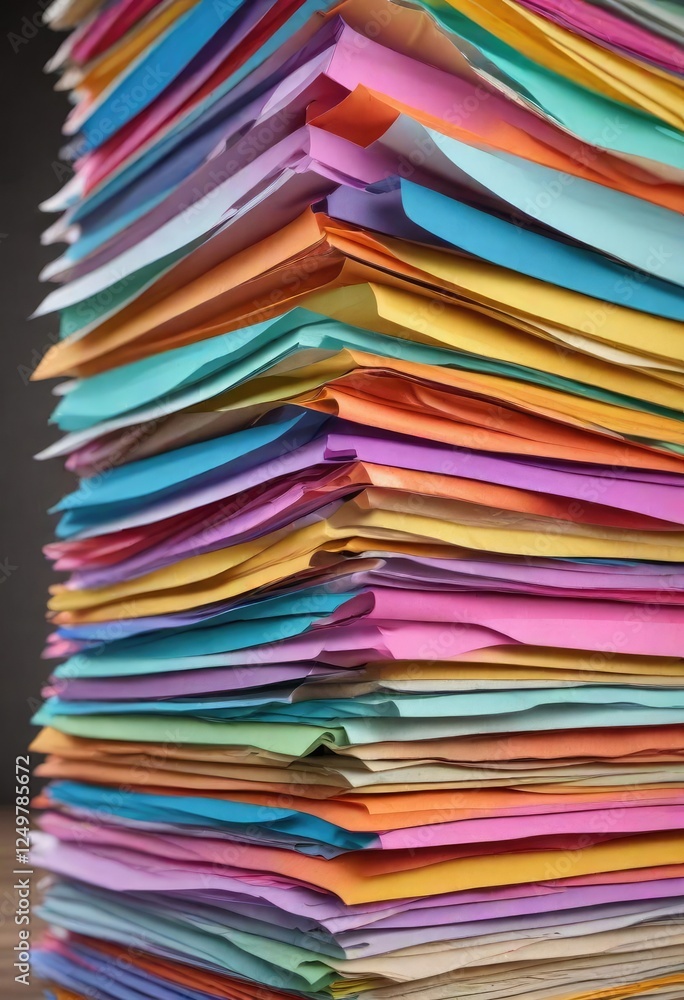Piled stacks of colored papers with different tabs , organized workspace, color Piled stacks of colored papers with different tabs , organized workspace, color