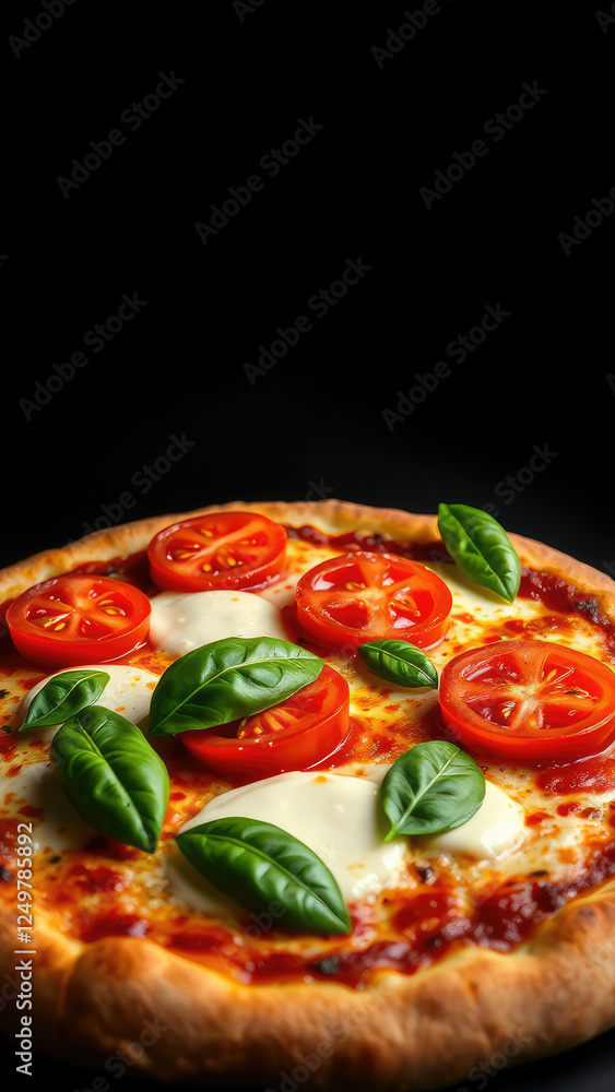 pizza with mozzarella cheese tomatoes and basil on black background, night food, delicious meal pizza with mozzarella cheese tomatoes and basil on black background, night food, delicious meal
