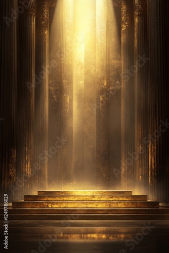 Golden temple podium, sunlight, columns, background, presentation