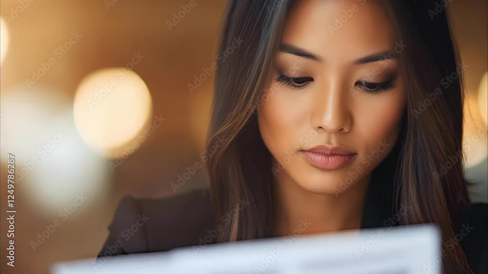 A woman with long hair reading a document in a bright, softly lit environment. A woman with long hair reading a document in a bright, softly lit environment.