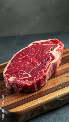 Raw beef steak with marbling on a cutting board, high-quality raw meat,  fresh beef,  premium beef