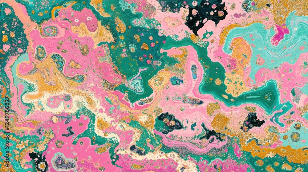 Fototapeta premium Colorful Abstract Liquid Marble Texture with Swirling Patterns and Gold Accents