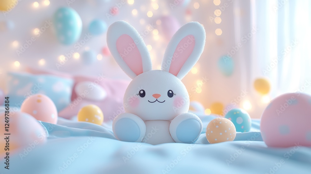Cute stuffed bunny surrounded by colorful eggs in a vibrant spring setting