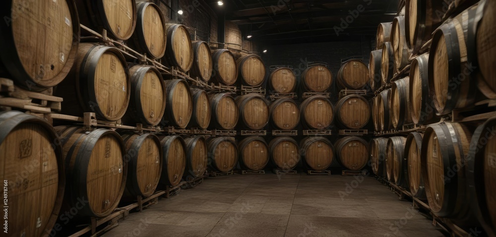 Rows of whisky barrels aging at the traditional distillery, whisky, wooden, aging, oak, cask Rows of whisky barrels aging at the traditional distillery, whisky, wooden, aging, oak, cask
