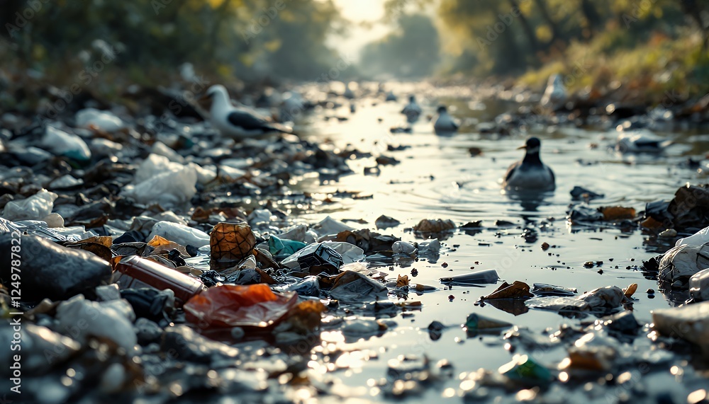 Fototapeta premium Polluted River Waterway with Trash and Seabirds Reflects Environmental Neglect