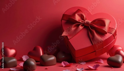Luxurious red heart box of chocolates with bow , red gift box, holiday, packaging