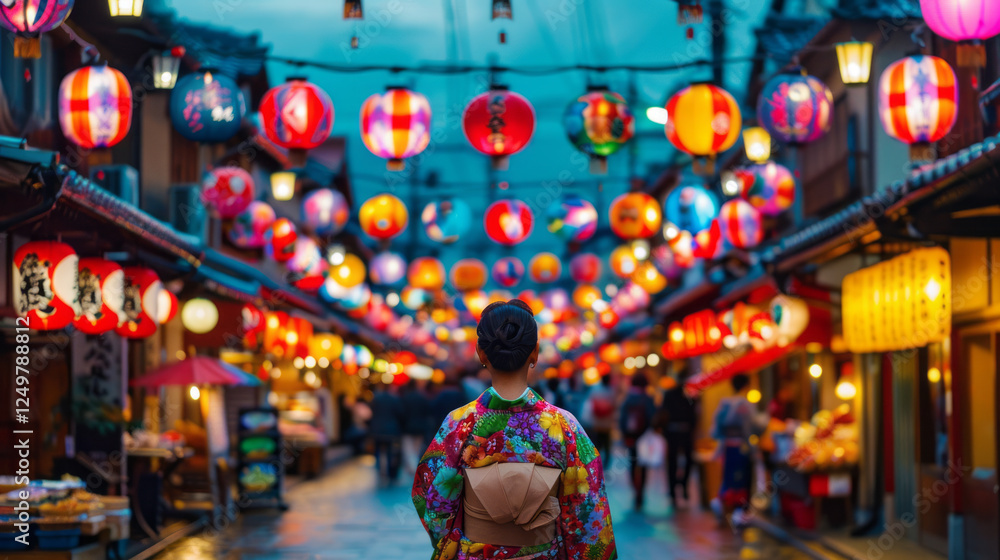 Evening Stroll in Kyoto: A woman in a vibrant kimono walks through a bustling street in Kyoto, Japan, illuminated by a dazzling array of colorful lanterns hanging overhead. Evening Stroll in Kyoto: A woman in a vibrant kimono walks through a bustling street in Kyoto, Japan, illuminated by a dazzling array of colorful lanterns hanging overhead.