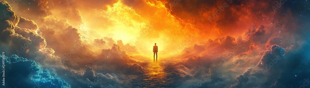 Obraz premium Ethereal journey through fiery clouds surreal landscape digital art dreamlike environment wide-angle view imagination unleashed