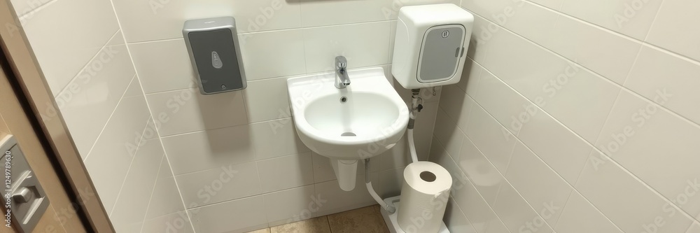 Fototapeta premium Single sink in small public toilet with wall soap dispenser and paper towels installed on the floor next to it, with a focus on the soap dispenser, convenience store, single sink