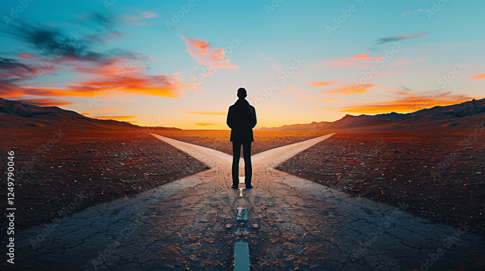 The Crossroads of Choice: A solitary figure stands at a fork in the road, silhouetted against a breathtaking sunset, symbolizing the weighty decision that lies ahead. The Crossroads of Choice: A solitary figure stands at a fork in the road, silhouetted against a breathtaking sunset, symbolizing the weighty decision that lies ahead.