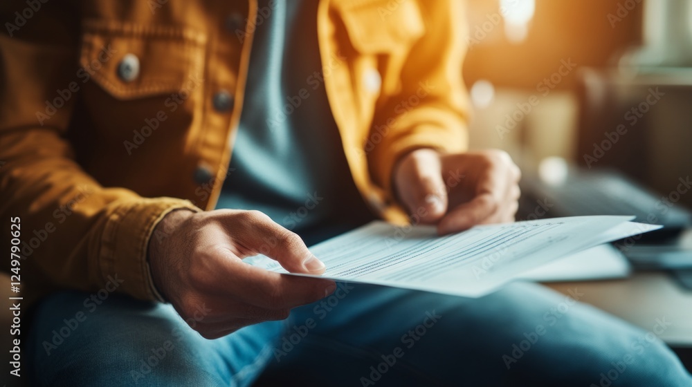 Obraz premium Caucasian male adult reading important document in casual setting