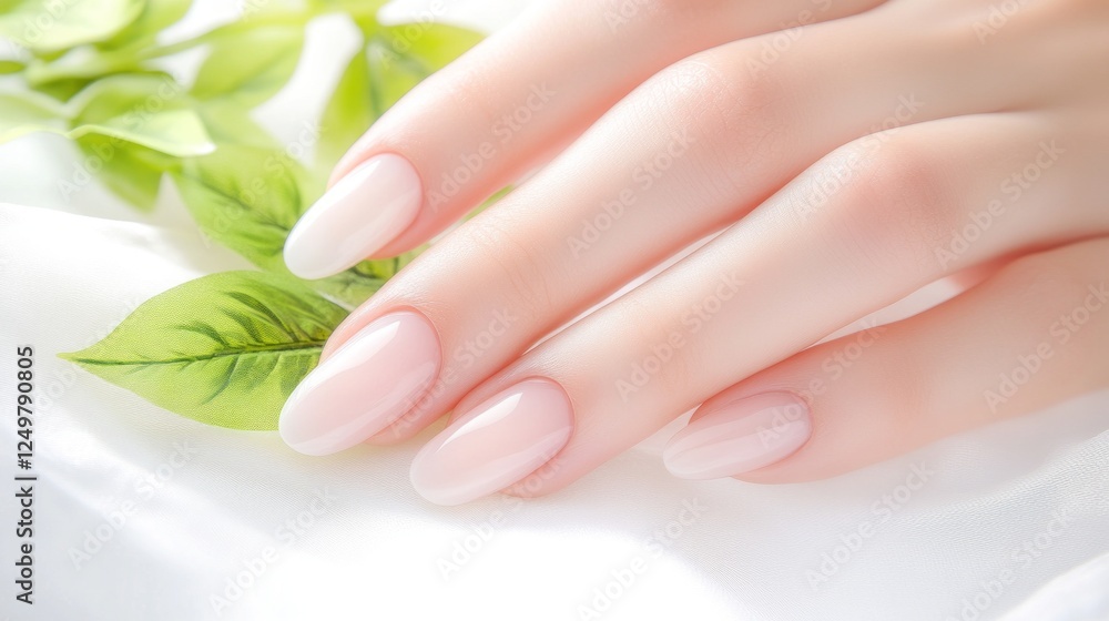 Naklejka premium Elegant manicured female hand with soft pink nails and green leaves