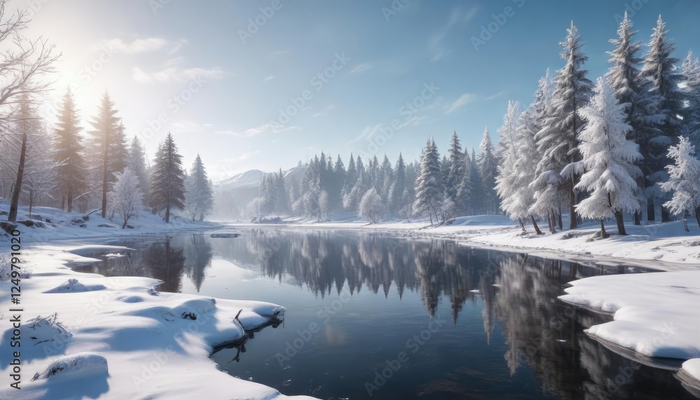 Obraz premium Snowy landscape with frozen lake and snow-covered trees on Christmas Day, cold weather, frozen lake