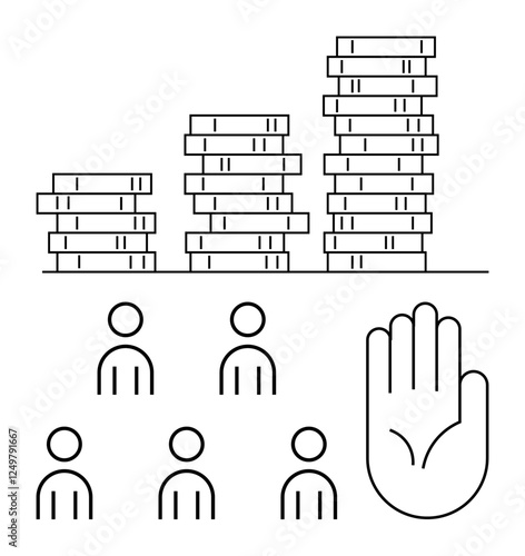 Stacks of coins, several human figures, and a raised hand symbolize financial growth, investment potential, human resources, social interaction, and equality. Ideal for concepts of teamwork