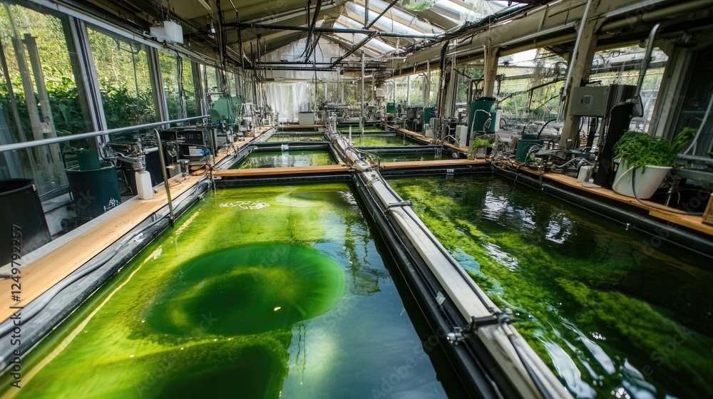 Fototapeta premium Cutting-edge algae-based food production facility with bioreactors.