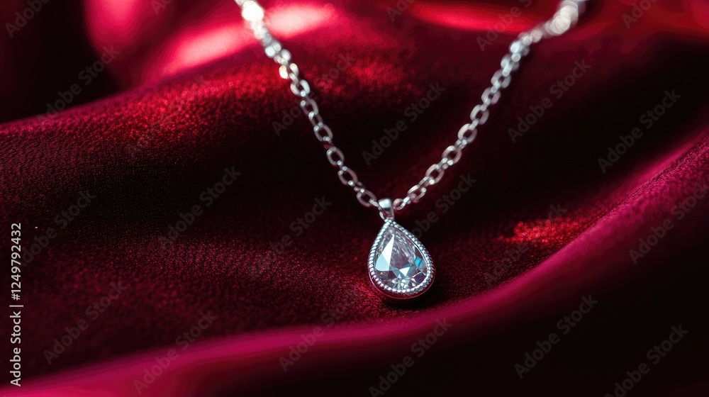 Delicate diamond necklace with a teardrop pendant showcased against a luxurious burgundy backdrop. Delicate diamond necklace with a teardrop pendant showcased against a luxurious burgundy backdrop.