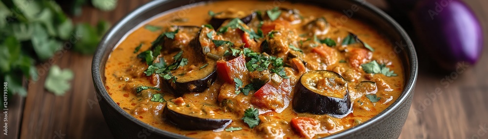 Delicious vegan eggplant curry recipe home kitchen food photography cozy setting overhead view culinary delight Delicious vegan eggplant curry recipe home kitchen food photography cozy setting overhead view culinary delight