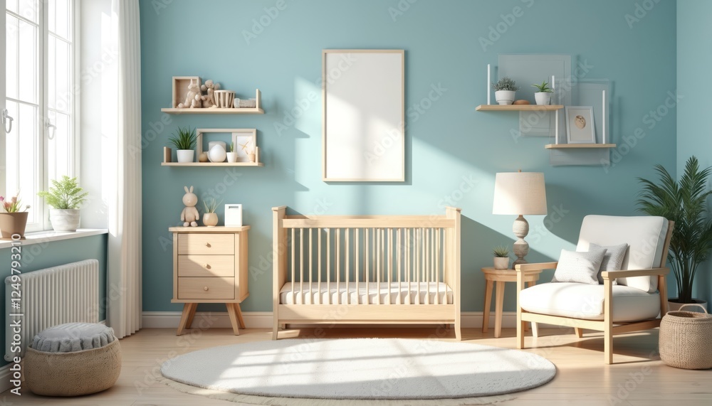 Fototapeta premium Cozy kids bedroom features natural light blue walls, wooden furniture. Warm family style nursery room. Natural light fills room. Wooden crib, armchair centerpieces. Small wooden side table with lamp,