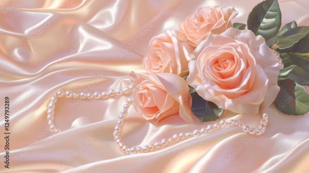 Fototapeta premium A beautiful Valentine's Day rose bouquet tied with delicate pearls and silk ribbons.