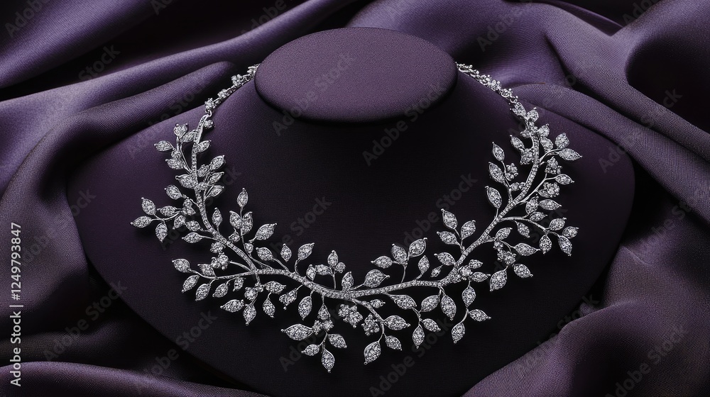 Fototapeta premium Fine diamond necklace with a nature-inspired leaf pattern, elegantly draped on a silk cushion.