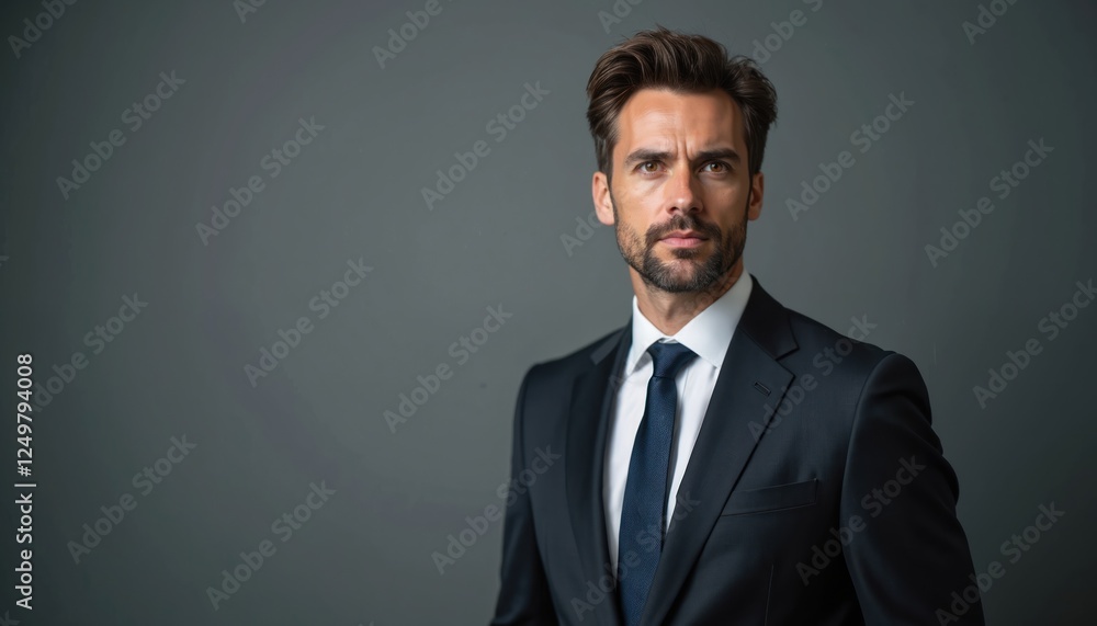 Mature man in dark suit stands against gray background. Serious, confident expression. Indoor studio photo. Business pro executive portrait. Potential for use in business corporate settings, success, Mature man in dark suit stands against gray background. Serious, confident expression. Indoor studio photo. Business pro executive portrait. Potential for use in business corporate settings, success,