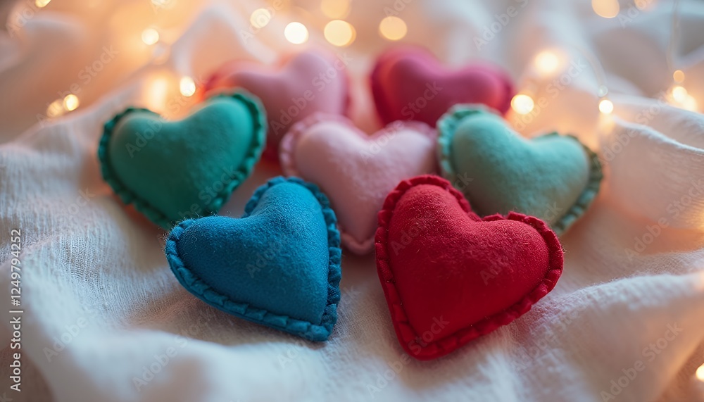 Obraz premium Heart Shaped Decorations on White Fabric with Warm Glowing Lights
