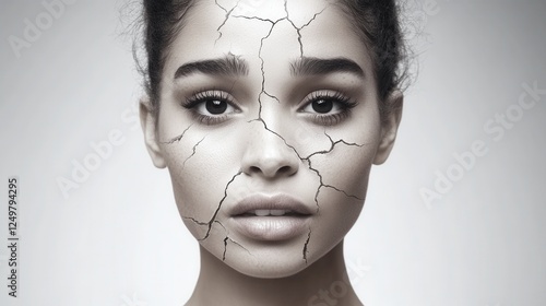 This striking image combines beauty and fragility, showcasing a face adorned with cracks that symbolize resilience and the passage of time in human life.