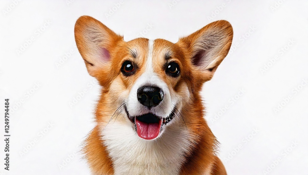 Corgi with a happy expression posing against a plain background Corgi with a happy expression posing against a plain background