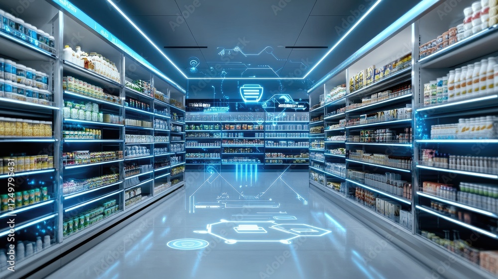 Futuristic supermarket with smart shelves tracking food freshness and inventory. Futuristic supermarket with smart shelves tracking food freshness and inventory.