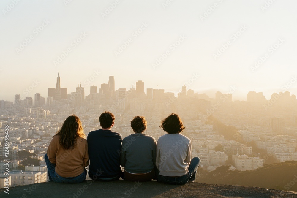 A group of friends sitting on the edge, overlooking the San Francisco city skyline The sky is white, with early morning light Generative AI A group of friends sitting on the edge, overlooking the San Francisco city skyline The sky is white, with early morning light Generative AI