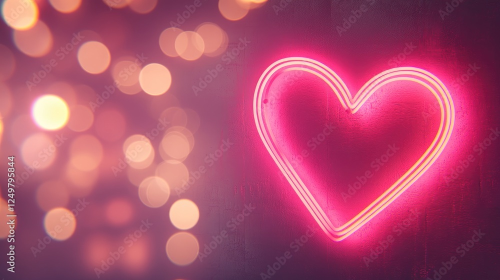 Glowing neon heart sign against a soft pink bokeh background. Glowing neon heart sign against a soft pink bokeh background.