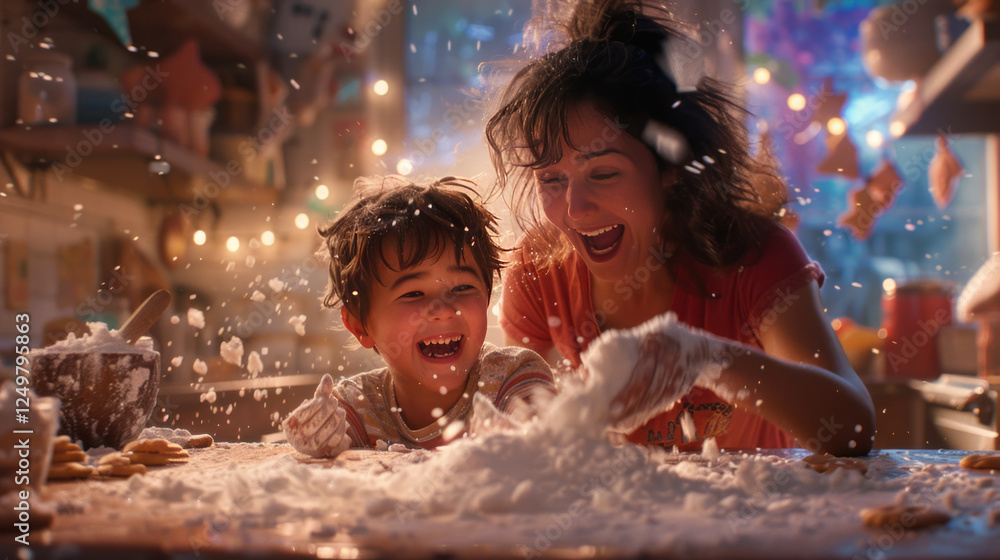 Obraz premium Flour Power Fun: Pure joy and laughter erupt as a mother and her son playfully toss flour in the air during a festive baking session.