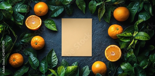 Blank paper on dark grey table with fresh oranges and leaves