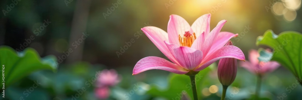 Pink lily blooms swaying gently in the soft light, light, gentle, soft Pink lily blooms swaying gently in the soft light, light, gentle, soft