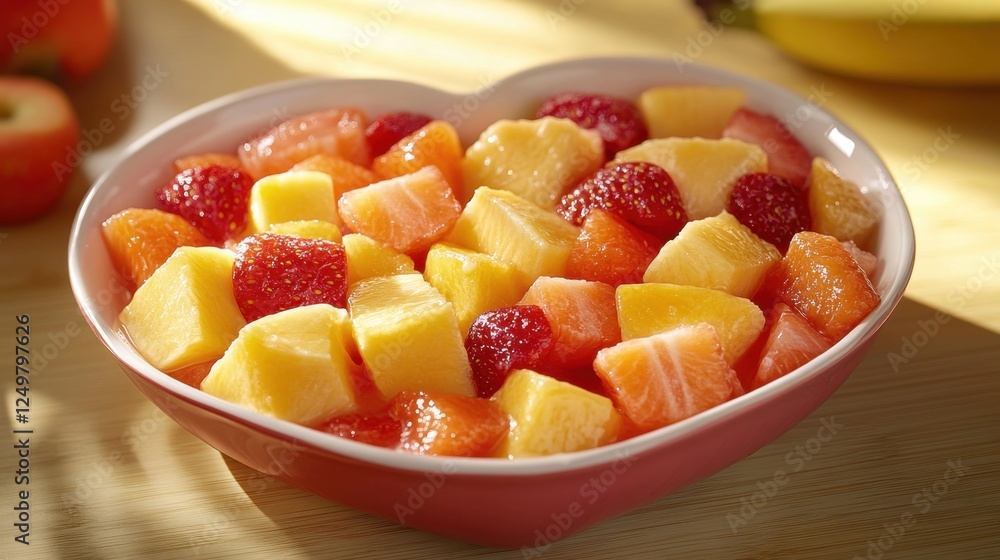 A fruit salad beautifully arranged in a heart-shaped dish on a textured surface. A fruit salad beautifully arranged in a heart-shaped dish on a textured surface.