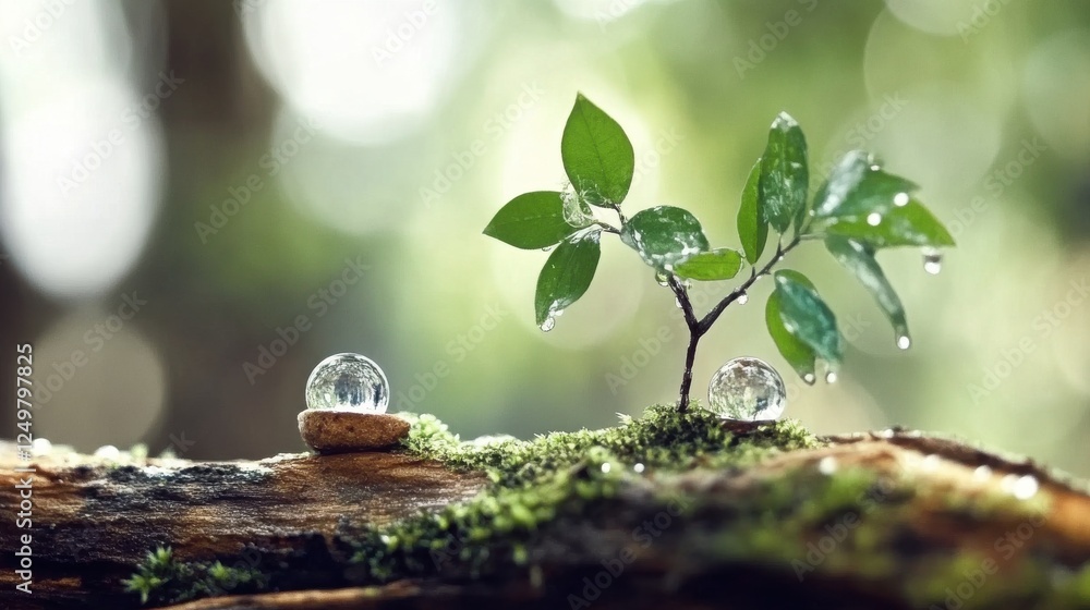 Fototapeta premium A serene depiction of a green plant with glistening water droplets, symbolizing growth, vitality, and the beauty of nature captured in exquisite detail.