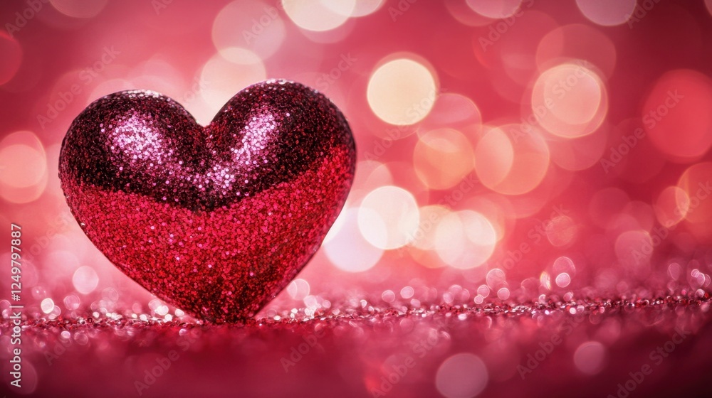 A glittery red Valentine's Day heart placed on a soft pink background. A glittery red Valentine's Day heart placed on a soft pink background.