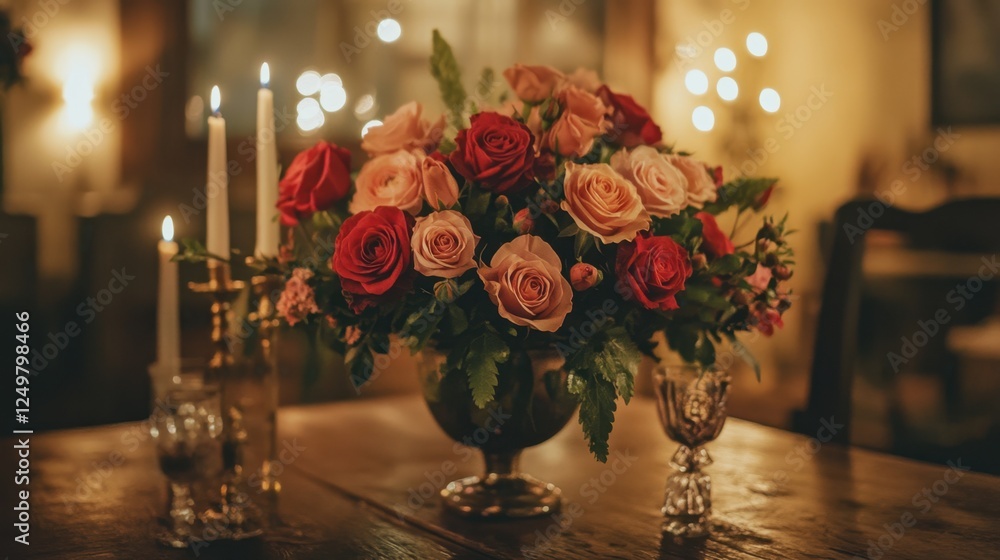 Obraz premium A gorgeous mix of red and blush pink roses in a floral arrangement on a wooden table.