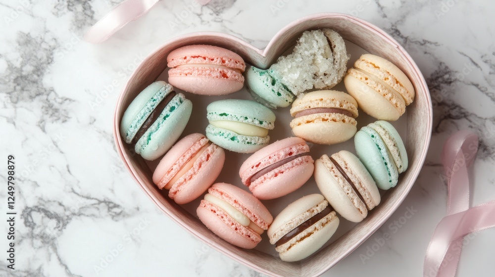 Fototapeta premium A heart-shaped box filled with pastel-colored macarons on a marble countertop.