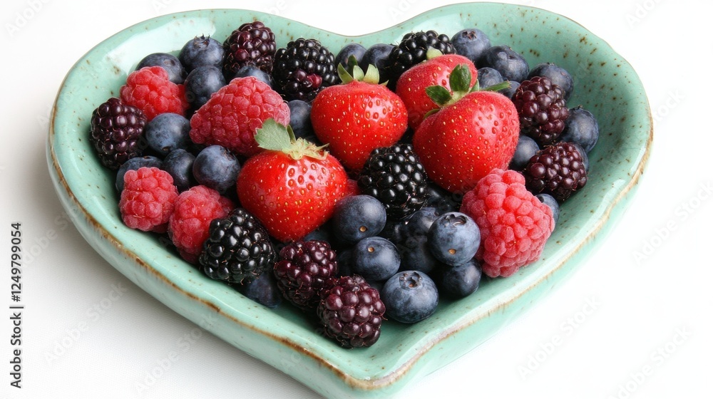 A heart-shaped ceramic plate displaying an artistic mix of fresh berries. A heart-shaped ceramic plate displaying an artistic mix of fresh berries.