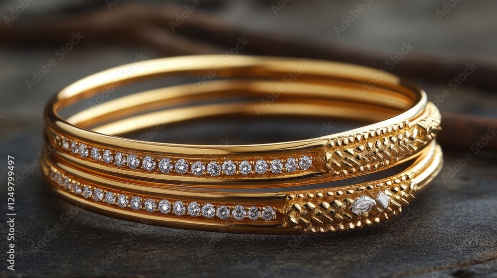 Intricately designed gold bangle set adorned with shimmering diamonds. Intricately designed gold bangle set adorned with shimmering diamonds.
