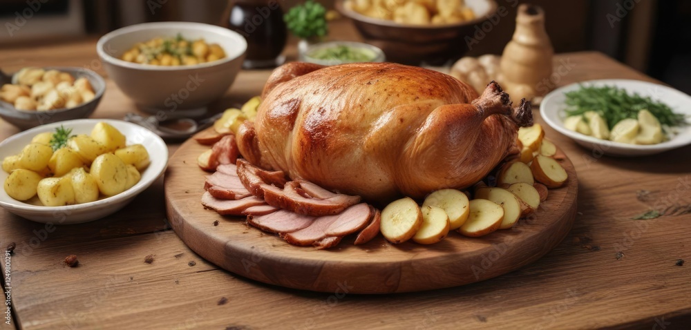 Roasted cochinillo segoviano with potatoes on a wooden table, spanish tapas, cochinillo Roasted cochinillo segoviano with potatoes on a wooden table, spanish tapas, cochinillo