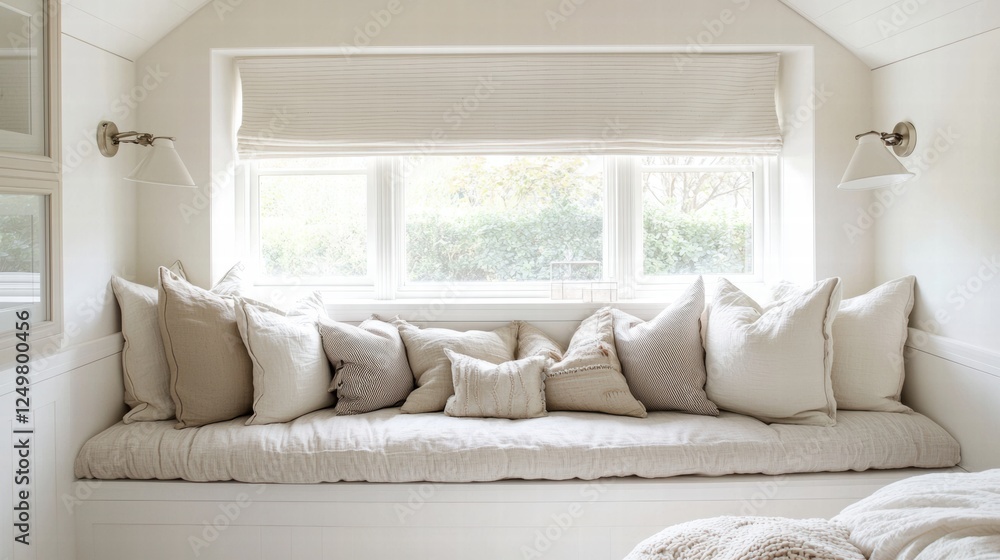Serene reading nook with window seat and cozy textures Serene reading nook with window seat and cozy textures