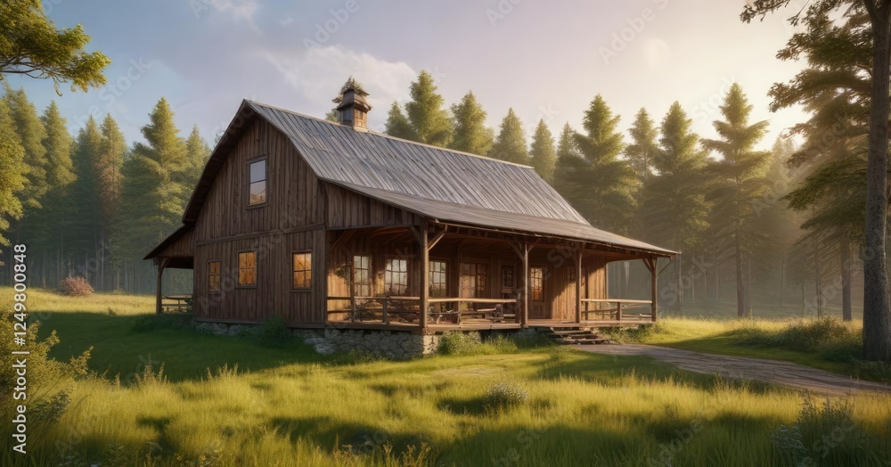 Rustic wooden barn house on hilltop with forest surroundings , ukraine, mountain, landscape Rustic wooden barn house on hilltop with forest surroundings , ukraine, mountain, landscape